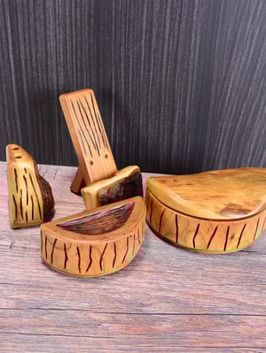 Image of 5 piece desk set made out of cherry wood with live edge, and a 18x36 wood grain desk mat