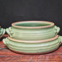 Image 2 of HANDLED SERVING DISH - Jade on warm clay (MED)