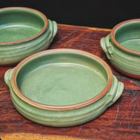 Image 2 of HANDLED SERVING DISH -Jade on warm clay (MED) flat