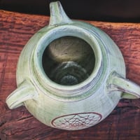 Image 2 of SACRED GEOMETRY TRI-HANDLED VASE - Jade on warm clay