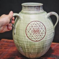 Image 4 of SACRED GEOMETRY TRI-HANDLED VASE - Jade on warm clay