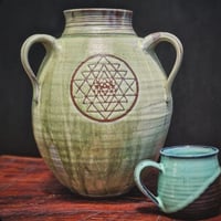 Image 5 of SACRED GEOMETRY TRI-HANDLED VASE - Jade on warm clay