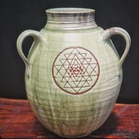 Image 1 of SACRED GEOMETRY TRI-HANDLED VASE - Jade on warm clay