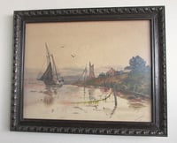 Image 6 of Antique Watercolour Painting, River Boats Landscape by P B Brown,  Frame Size 16 1/4 x 13 1/4 ins 