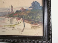 Image 7 of Antique Watercolour Painting, River Boats Landscape by P B Brown,  Frame Size 16 1/4 x 13 1/4 ins 