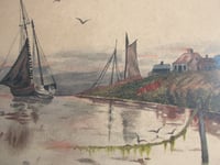 Image 10 of Antique Watercolour Painting, River Boats Landscape by P B Brown,  Frame Size 16 1/4 x 13 1/4 ins 