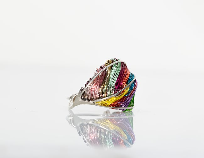 Rainbow wire sculpture chunky art ring Statement contemporary