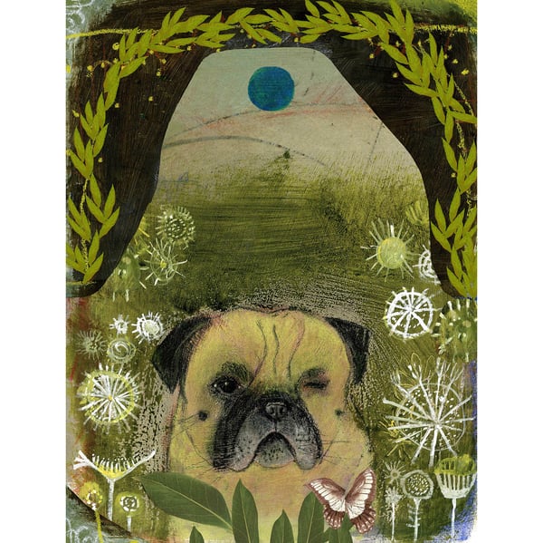 Image of Print Sale: One Eyed Pug in Night Garden