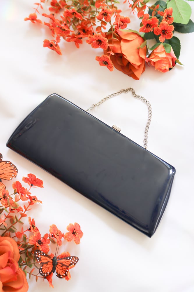 Image of Vintage Dark Blue Paten Faux Leather Clasp Purse with Chain 