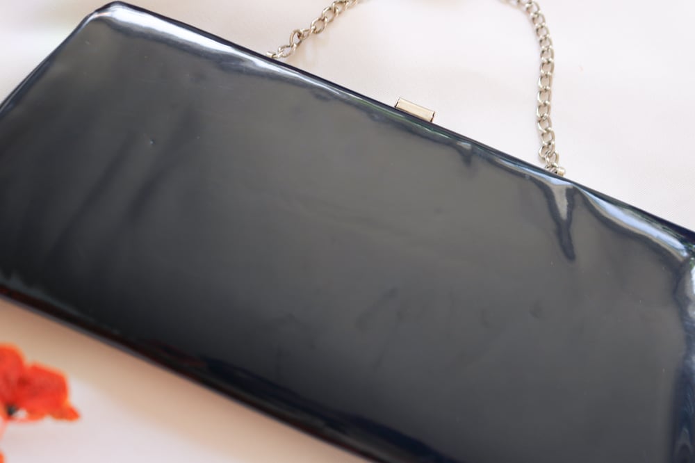 Image of Vintage Dark Blue Paten Faux Leather Clasp Purse with Chain 