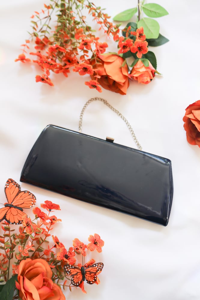 Image of Vintage Dark Blue Paten Faux Leather Clasp Purse with Chain 