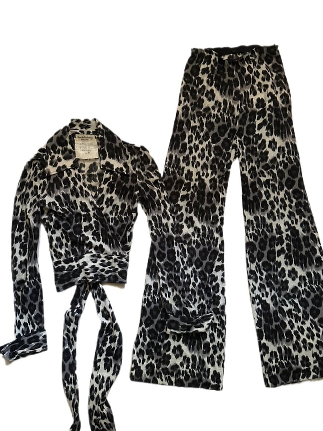 1970s Diane von Furstenberg leopard animal print wrap trouser set dress
