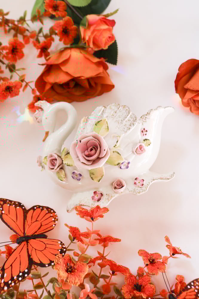 Image of Vintage Lefton China Hand Painted Swan Dish 