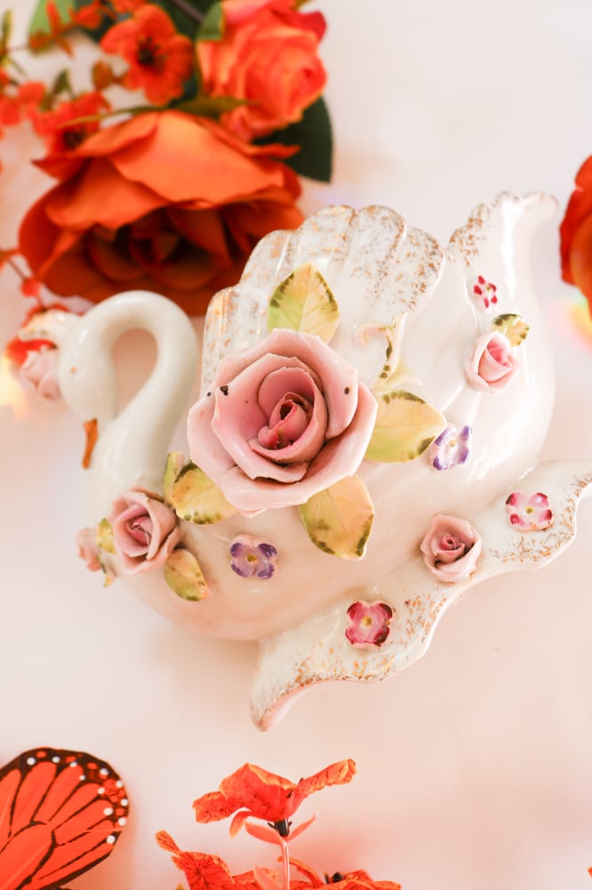 Image of Vintage Lefton China Hand Painted Swan Dish 