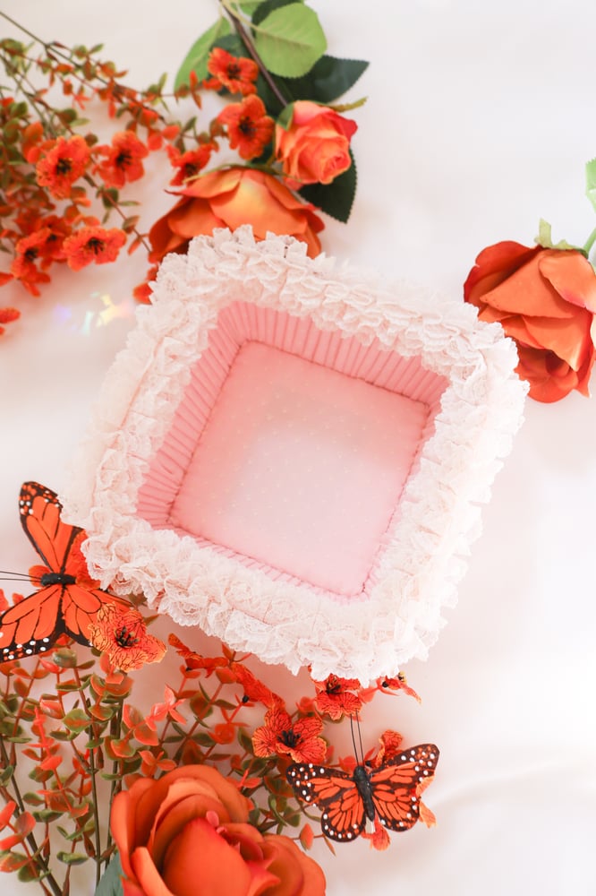 Image of Vintage Pastel Pink Vanity Basket with Frilly Lace 