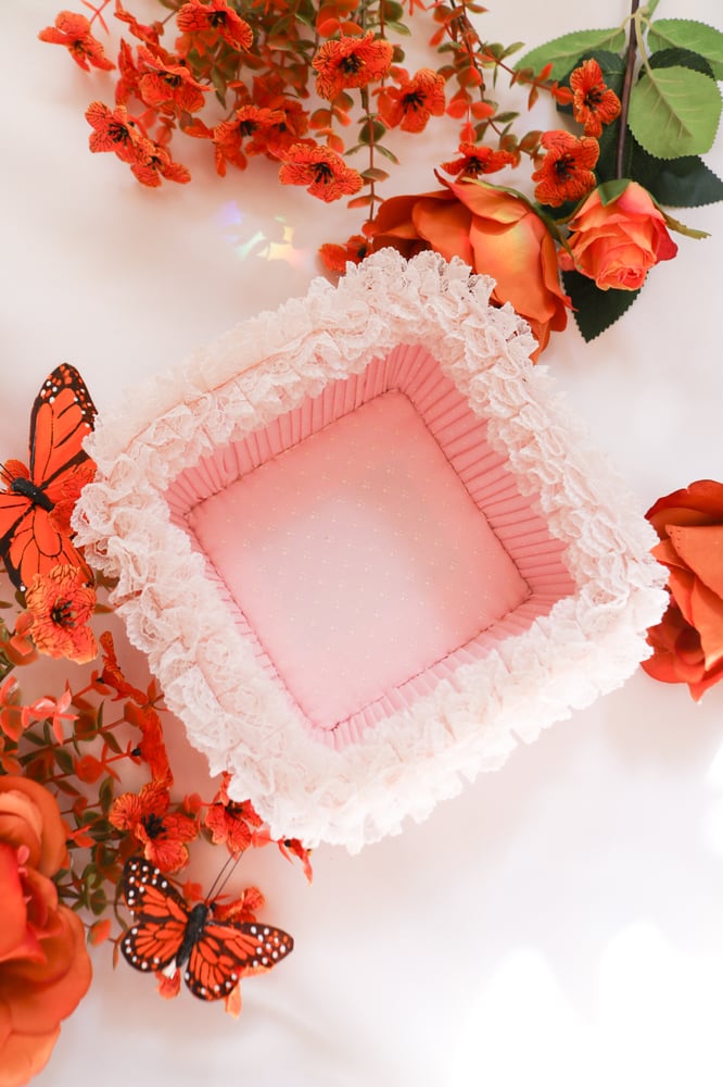 Image of Vintage Pastel Pink Vanity Basket with Frilly Lace 