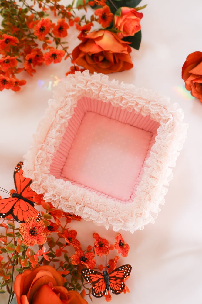 Image of Vintage Pastel Pink Vanity Basket with Frilly Lace 