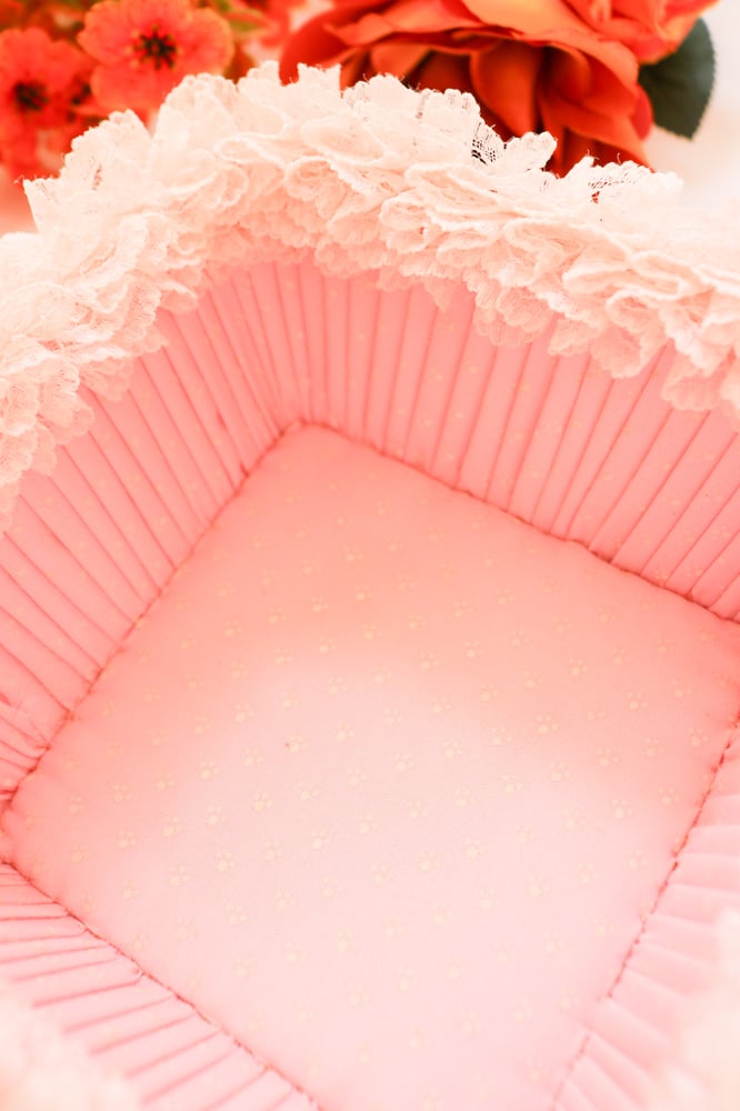 Image of Vintage Pastel Pink Vanity Basket with Frilly Lace 