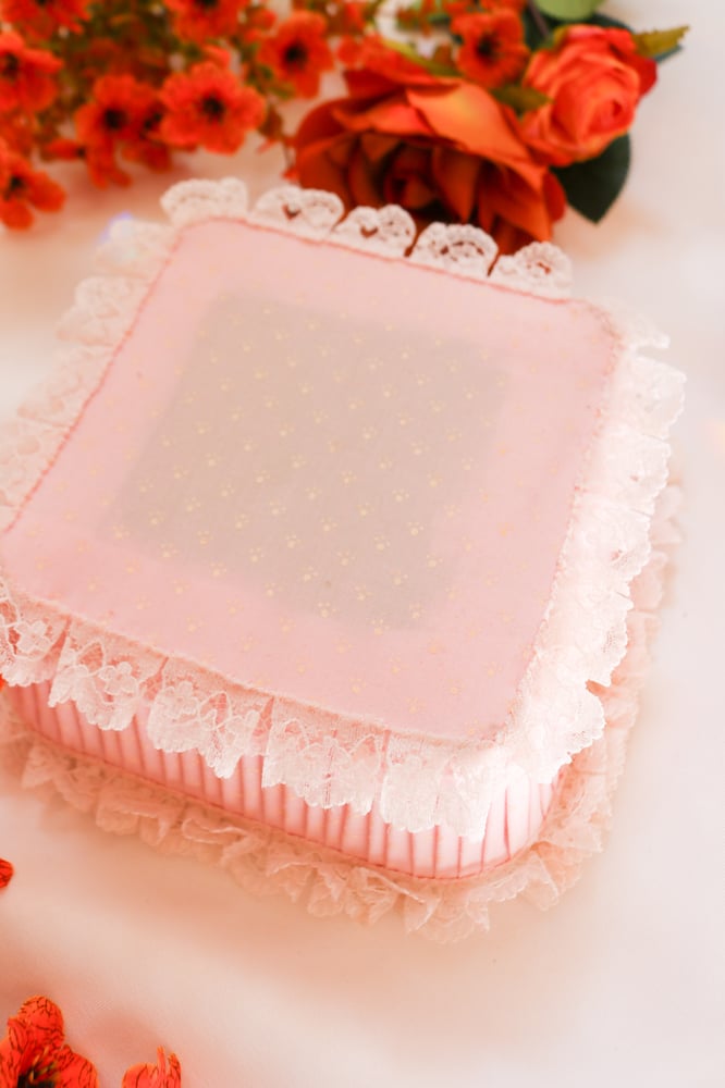 Image of Vintage Pastel Pink Vanity Basket with Frilly Lace 