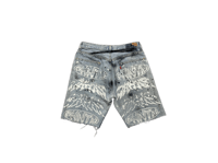 Image 1 of Levi's 505 Angel heavy metal make art not war blue denim jean shorts