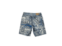 Image 1 of Eddie Bauer angel heavy metal make art not war blue denim jean shorts 