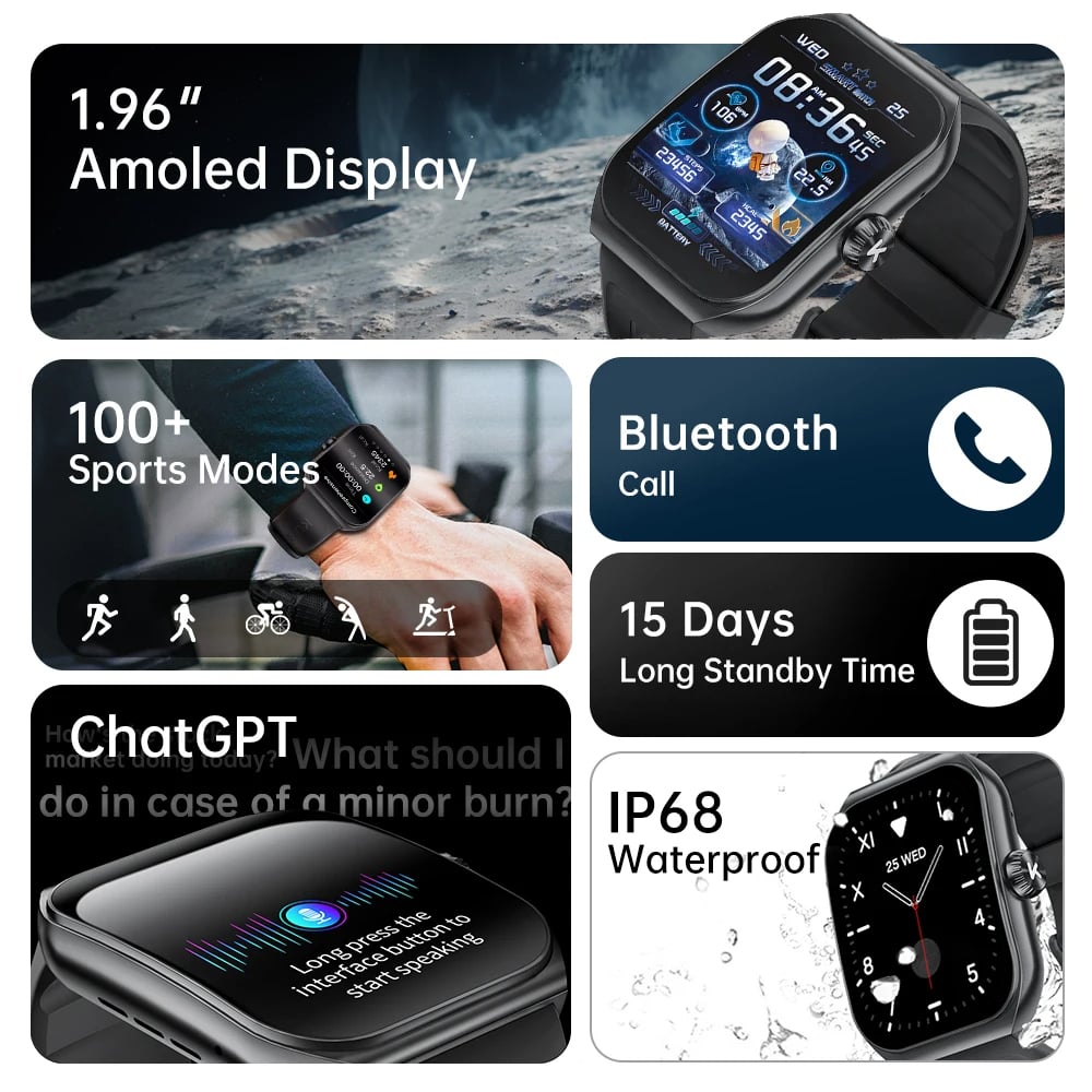 MSL Smartwatch 1.96'' AMOLED Display with Sport Modes & Health Tracking