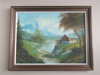 Image 6 of Vintage Alpine House Landscape Painting, Signed, c.1970s, Framed Size 18 x 14 ins