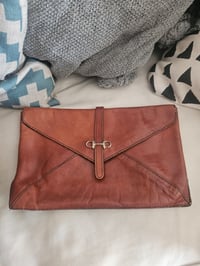 Image 2 of Vintage Real Leather Tan Brown clasp clutch envelope bag 