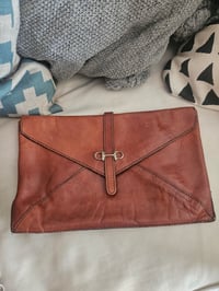 Image 4 of Vintage Real Leather Tan Brown clasp clutch envelope bag 
