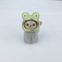 Image 1 of Gray cat with frog hat ceramic figurine 