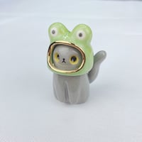 Image 2 of Gray cat with frog hat ceramic figurine 