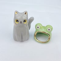 Image 3 of Gray cat with frog hat ceramic figurine 