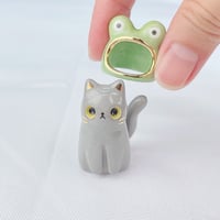 Image 4 of Gray cat with frog hat ceramic figurine 