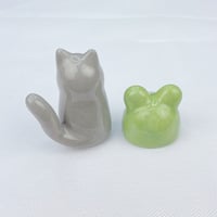 Image 5 of Gray cat with frog hat ceramic figurine 