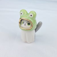 Image 2 of Gray and white cat with frog hat ceramic figurine