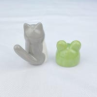 Image 5 of Gray and white cat with frog hat ceramic figurine