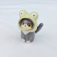 Image 2 of Tuxedo cat with frog hat ceramic figurine