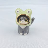 Image 1 of Tuxedo cat with frog hat ceramic figurine