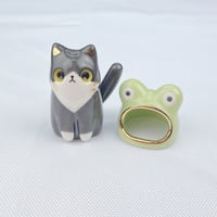 Image 3 of Tuxedo cat with frog hat ceramic figurine