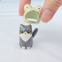 Image 4 of Tuxedo cat with frog hat ceramic figurine