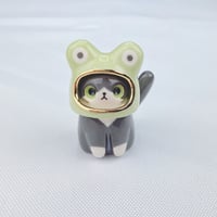 Image 1 of tuxedo cat with frog hat ceramic figurine 2