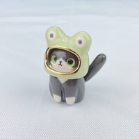 Image 2 of tuxedo cat with frog hat ceramic figurine 2