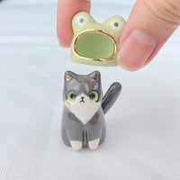 Image 3 of tuxedo cat with frog hat ceramic figurine 2