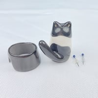 Image 5 of Black and white kitten with Geto outfit ceramic figurine 