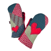 Image 1 of 2024 Edit Patched Heart Mittens {Green/Red}