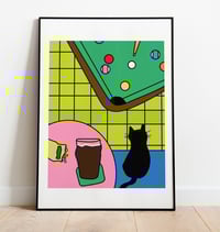 Black cat watching a game of pool, at pub with a pint of Guinness 🐈‍⬛🎱🍺