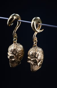 Image 2 of GOLD FLAMIN' SKULL - Ear Weights - Gold Ear Hangers for Stretched Ears - 4MM 6MM 8MM 10MM