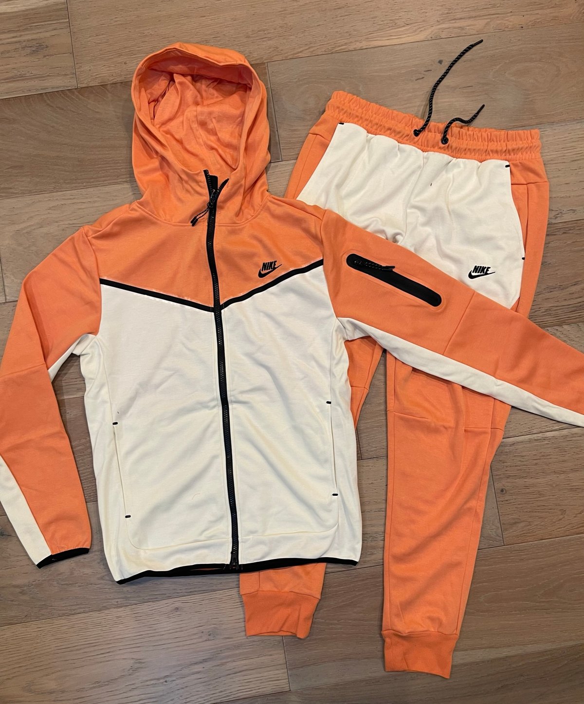 Men’s Orange/Cream Fit Tech Zip Up Hoodie Sweatpants Set