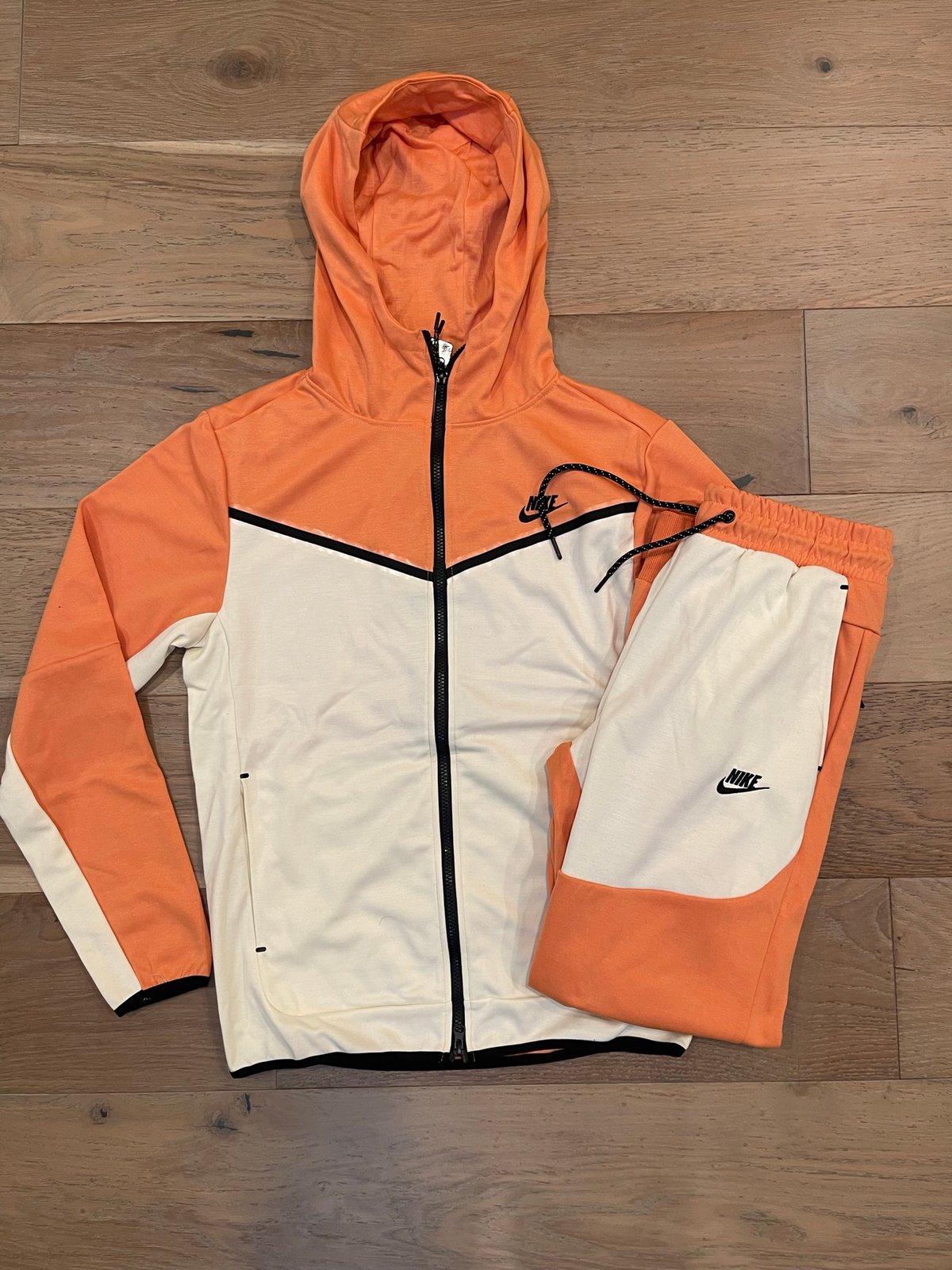 Men’s Orange/Cream Fit Tech Zip Up Hoodie Sweatpants Set