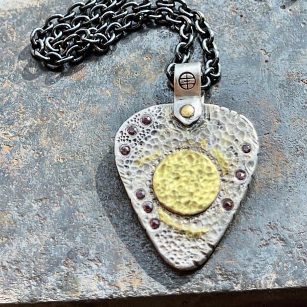 Image of Berry Sapphire, Silver and Gold Guitar Pick Pendant